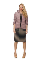 Pretty woman in winter lilac jacket isolated on white