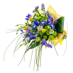 Flower bouquet from roses, green carnation, iris and statice flo
