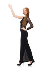 Fototapeta premium Young lady in elegant black dress isolated on white