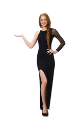 Fototapeta premium Young lady in elegant black dress isolated on white