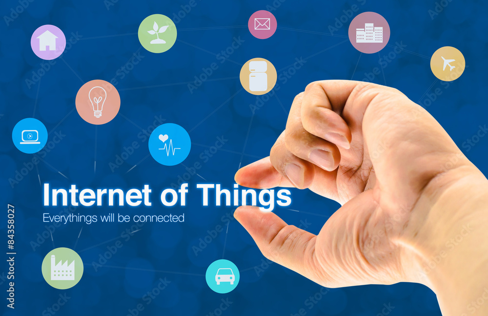 Poster hand holding internet of things (iot) word and object icon and b