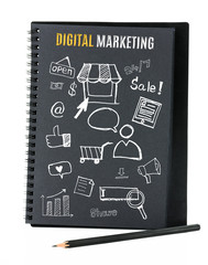 Notebook on desk with icon relate with Digital Marketing, Busine