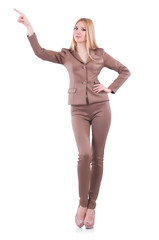 Fototapeta premium Young blond businesswoman pressing virtual button isolated on