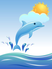 Dolphin jumping with sun and clouds image