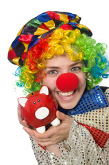 Female clown with moneybox isolated on white
