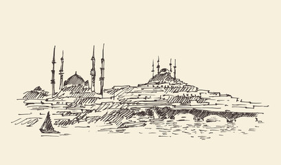 Istanbul, Turkey, Harbor, Vintage Engraved Sketch