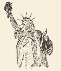 Statue of Liberty Hand Drawn Engraved Sketch