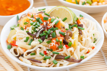 Asian food - noodles with vegetables and greens, close-up