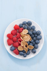 blueberries, raspberries and wholegrain flakes on blue