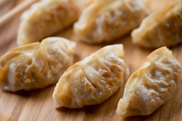 Close-up of fried gyoza dumplings, selective focus, studio shot