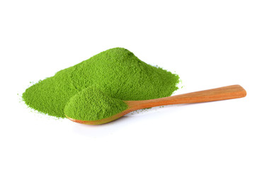 powder green tea with bamboo spoon isolated on white background