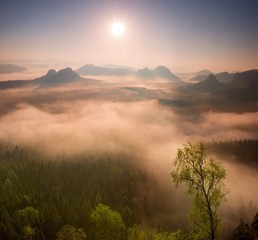 Fogy red daybreak. Misty  beautiful hills and peaks in Sun rays