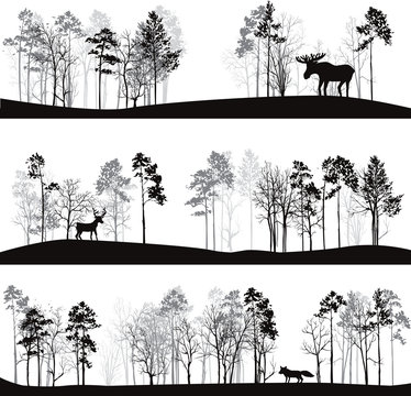 set of different landscapes with trees and animals