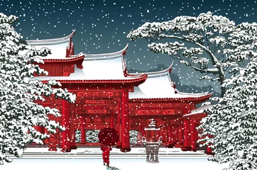 Tuinposter Art studio Japanse of Chinese tempel onder de sneeuw