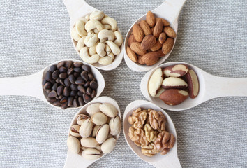 Abstract view of a wood spoon with mixed nuts