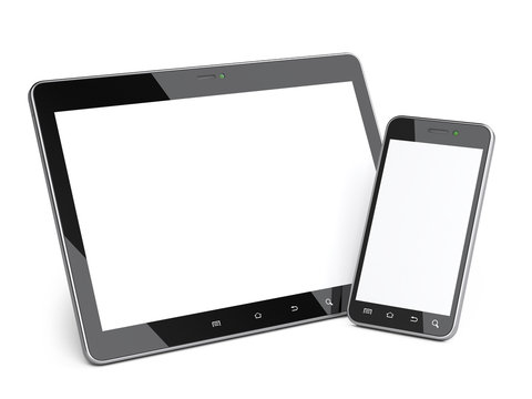 Black smartphone and tablet with blank screen.