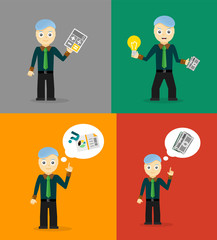 Set of cute cartoon young businessmen. Idea concept and finance