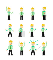 Set of cute young businessmen character poses isolated on white