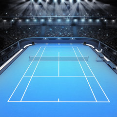 blue hard surface tennis court and stadium full of spectators © LeArchitecto