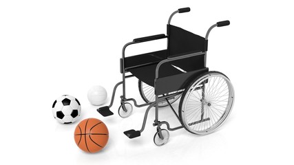 Fototapeta na wymiar Wheelchair with basketball,soccer and volleyball balls isolated on white