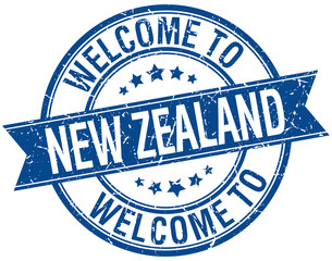 welcome to New Zealand blue round ribbon stamp