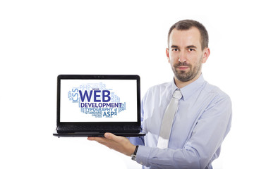Businessman holding Laptop with Web Development concept