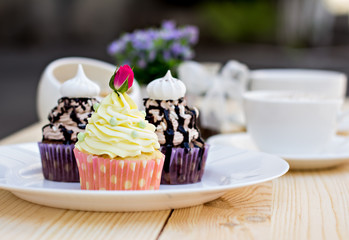 Chocolate Cupcake with chocolate frosting on the table