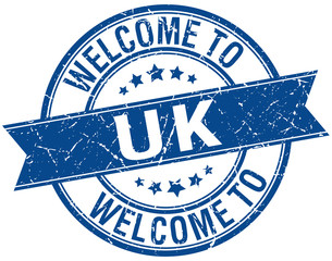 welcome to uk blue round ribbon stamp