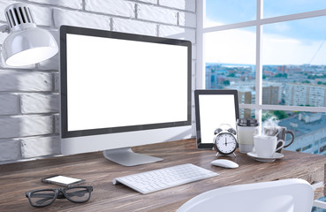 Fototapeta premium 3D illustration PC screen on table in office, Workspace