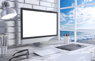 Fototapeta premium 3D illustration PC screen on table in office, Workspace