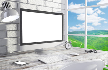 Fototapeta premium 3D illustration PC screen on table in office, Workspace