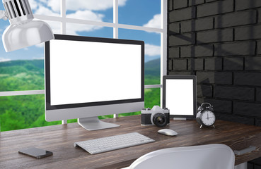 Fototapeta premium 3D illustration PC screen on table in office, Workspace