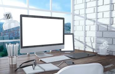 Fototapeta premium 3D illustration PC screen on table in office, Workspace