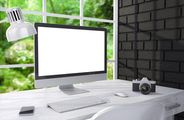 Fototapeta premium 3D illustration PC screen on table in office, Workspace