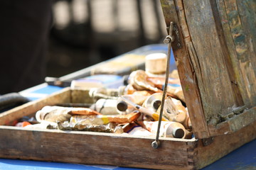 Various tubes oil painting and wooden box