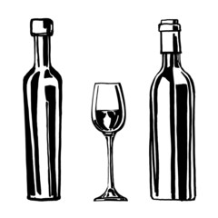 Bottles and wine glass  isolated on a white background.  