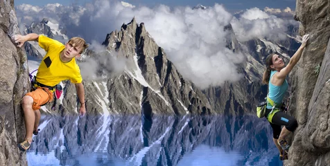 Gordijnen Rock climbers in alpine landscape with blue lake © alexbrylovhk