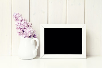 flower in white vase greeting card background with blackboard