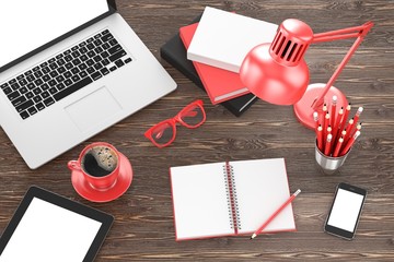 laptop and office stuff, workplace, top view