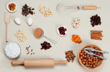 Ingredients cakes on a gray background.