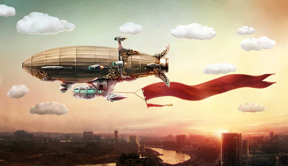 Fototapety  Sterowiec z transparentem, na niebie nad miastem.