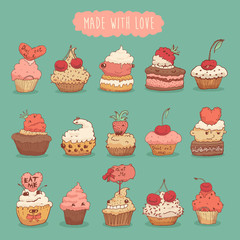 Sweet Cupcakes Set Illustration Retro Hand Drawn