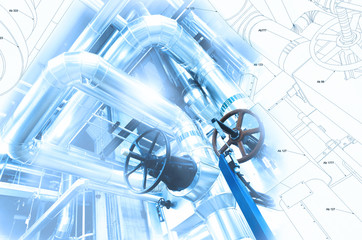 Sketch of piping design mixed with industrial equipment photo