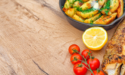 Fried fish and potatoes. Place for your text.
