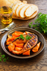 Grilled salmon with soy sauce with vegetables.