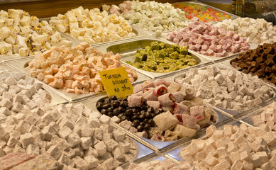 Turkish delight sweets at the Spice Market or Grand Bazaar