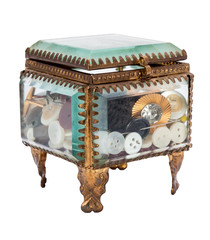 Glass box with accessories for sewing