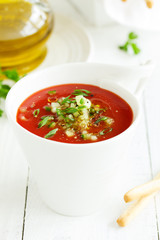 gaspacho- Spanish soup made with fresh tomato. Selective focus.