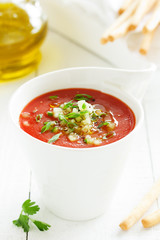 gaspacho- Spanish soup made with fresh tomato. Selective focus.