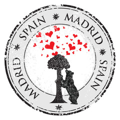 Fototapeta premium Love heart stamp with statue of Bear and strawberry tree and the words Madrid, Spain inside, vector illustration